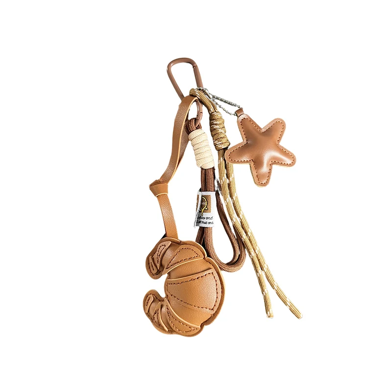 Handmade Leather Croissant Keychain Brown Star Leather Bag Charm with Braided Rope, Aesthetic Keychain for Women