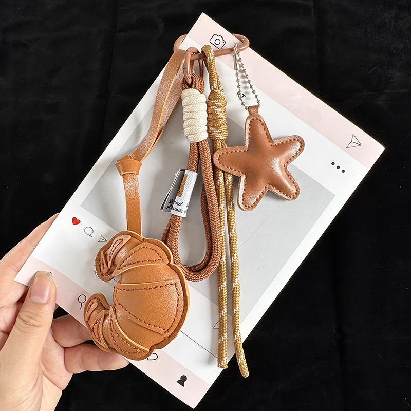 Handmade Leather Croissant Keychain Brown Star Leather Bag Charm with Braided Rope, Aesthetic Keychain for Women