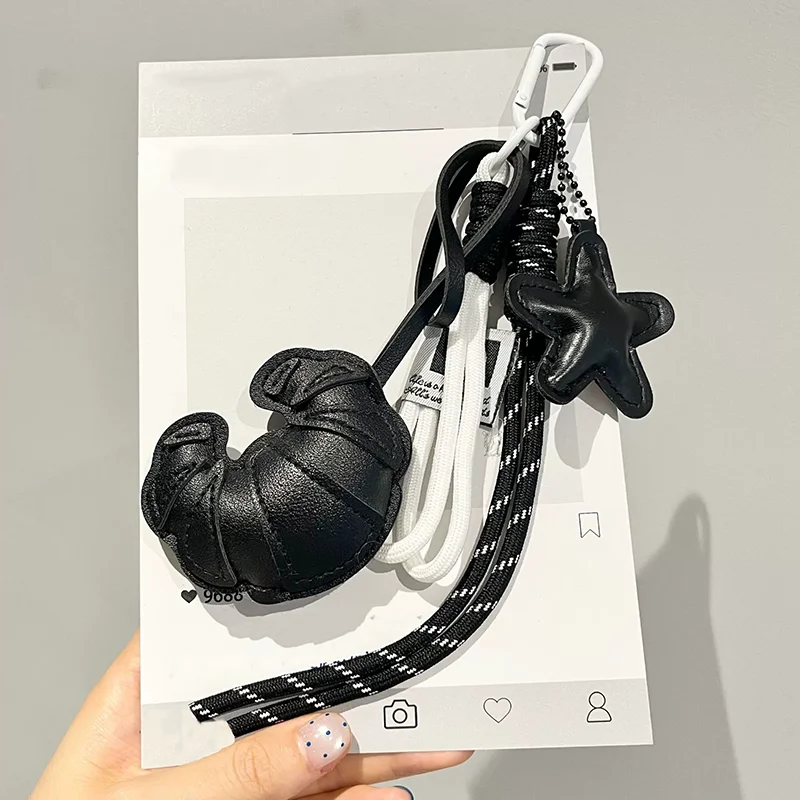 Handmade Leather Croissant Keychain Brown Star Leather Bag Charm with Braided Rope, Aesthetic Keychain for Women