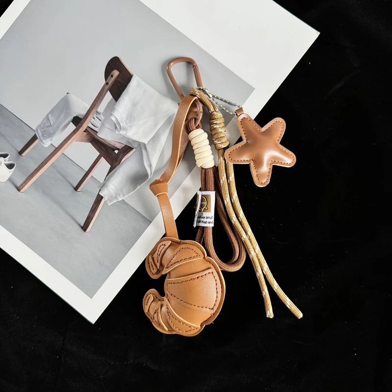 Handmade Leather Croissant Keychain Brown Star Leather Bag Charm with Braided Rope, Aesthetic Keychain for Women
