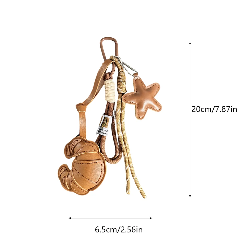 Handmade Leather Croissant Keychain Brown Star Leather Bag Charm with Braided Rope, Aesthetic Keychain for Women