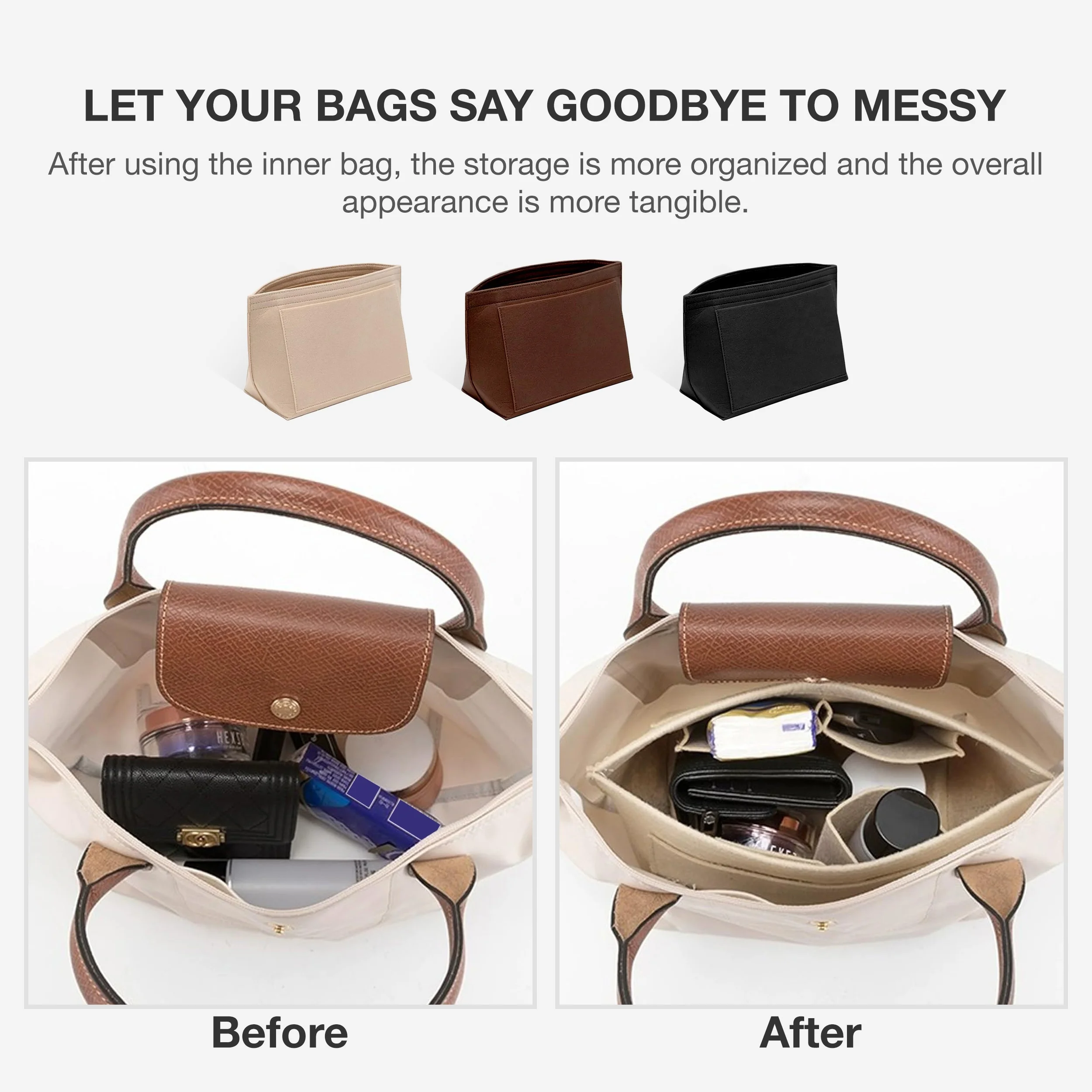 Felt Insert Bag Fits For Longchamp Handbag Liner Bag Felt Cloth Makeup Bag Support Travel Portable Insert Purse Organizer