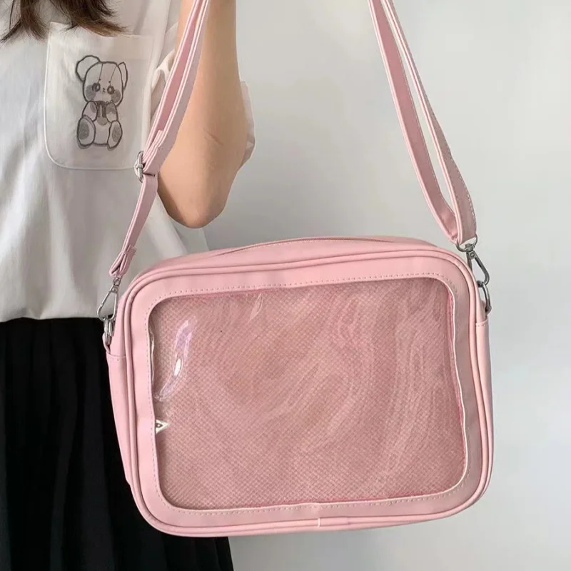 Kawaii Handbag Crossbody Bag PU Leather Transparent Window Shoulder Bag for Anime Badge Pins Display Daily Casual Messenger Bag