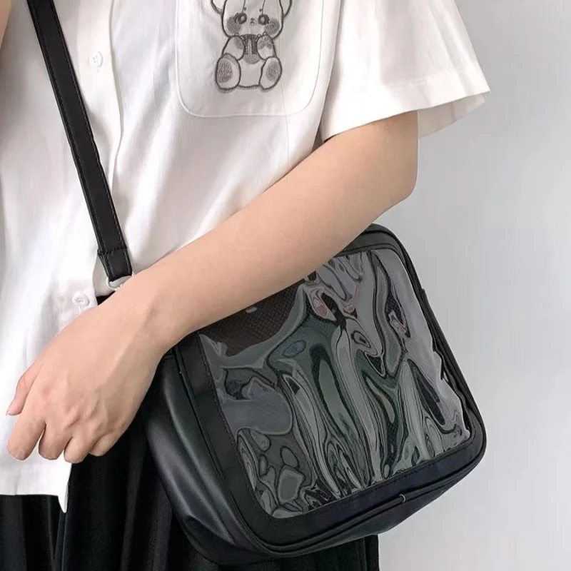 Kawaii Handbag Crossbody Bag PU Leather Transparent Window Shoulder Bag for Anime Badge Pins Display Daily Casual Messenger Bag