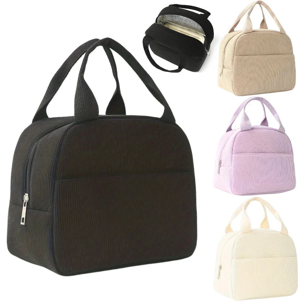 Reusable Thermal Insulated Bento Bag Embroidery Portable Corduroy Lunch Bag for Kid Ideal for Go To School/Travel Work Trips