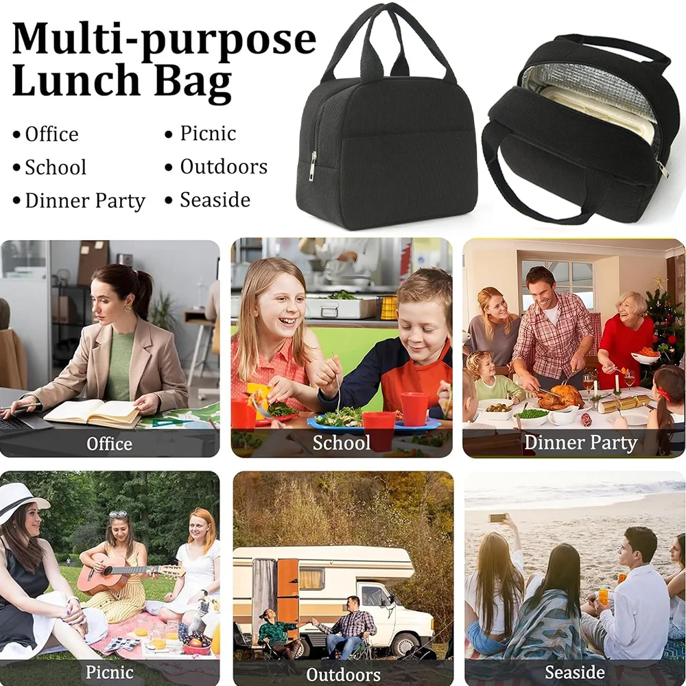 Reusable Thermal Insulated Bento Bag Embroidery Portable Corduroy Lunch Bag for Kid Ideal for Go To School/Travel Work Trips