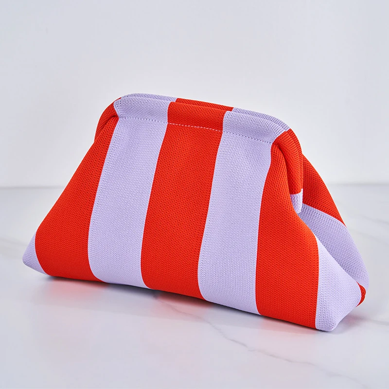 Women's Striped Beach Clutch Bag Versatile Small Woven Crochet Handbags Purses Knitting Dumpling Clutch Casual Bag