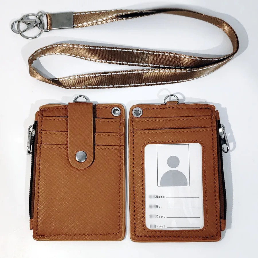 1Piece Neck Hanging Zipper Card Storage Box PU Leather Portable Lightweight Card Holder Teacher Student Work Supplies