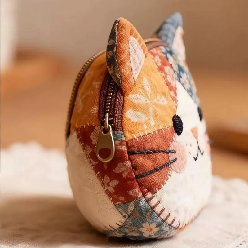 Japanese-Style Color-Blocking Cat Coin Purse, Cute and Stylish Makeup Bag, Student Stationery Storage Bag, with Ruler Set, Cartoon Portable Small Item Organizer, Cosmetics Storage