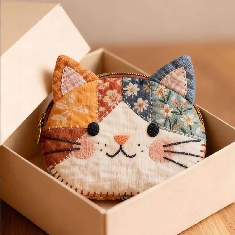 Japanese-Style Color-Blocking Cat Coin Purse, Cute and Stylish Makeup Bag, Student Stationery Storage Bag, with Ruler Set, Cartoon Portable Small Item Organizer, Cosmetics Storage