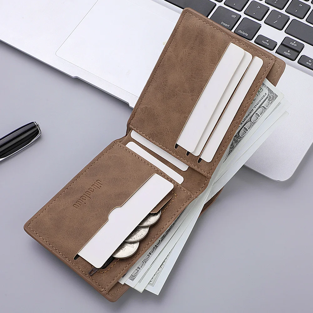 Men's Retro Bifold Wallet Cool Blue Eyes Wolf Pattern Double-Fold PU Leather Fashion Wallet Coin Bag Simple And Stylish