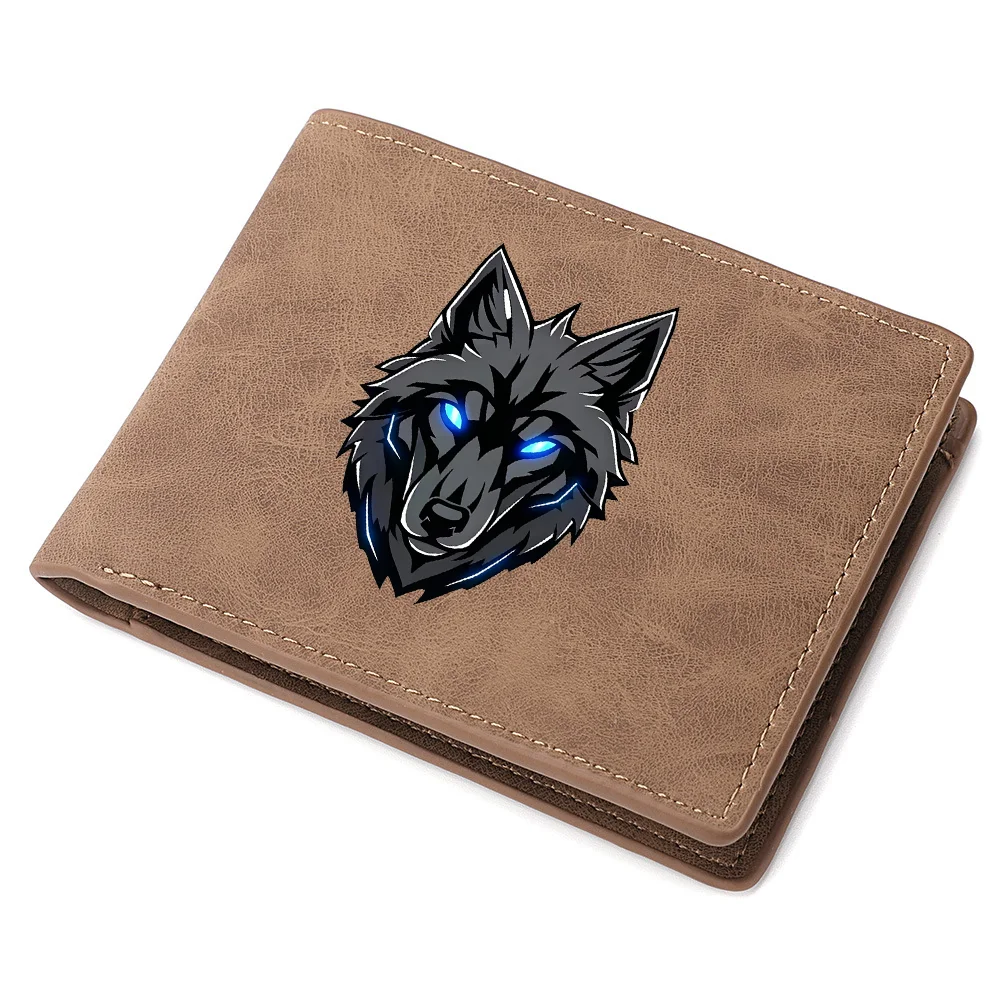Men's Retro Bifold Wallet Cool Blue Eyes Wolf Pattern Double-Fold PU Leather Fashion Wallet Coin Bag Simple And Stylish