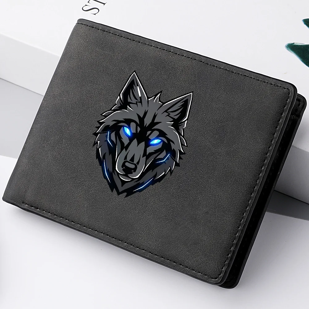 Men's Retro Bifold Wallet Cool Blue Eyes Wolf Pattern Double-Fold PU Leather Fashion Wallet Coin Bag Simple And Stylish