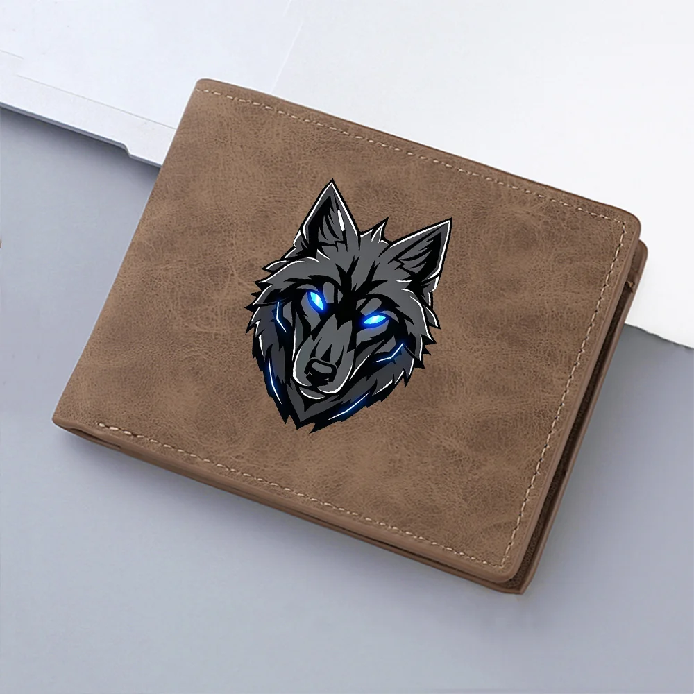 Men's Retro Bifold Wallet Cool Blue Eyes Wolf Pattern Double-Fold PU Leather Fashion Wallet Coin Bag Simple And Stylish