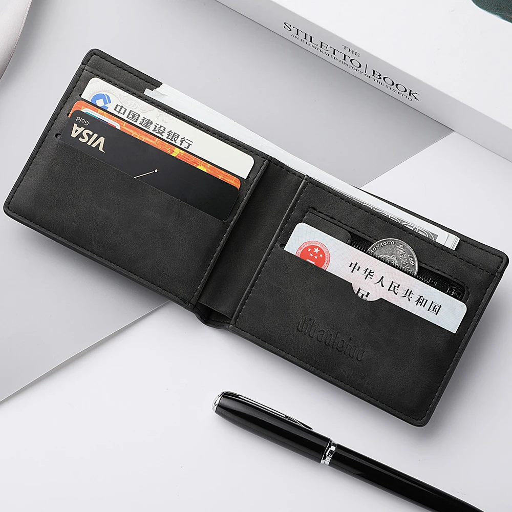 Men's Retro Bifold Wallet Cool Blue Eyes Wolf Pattern Double-Fold PU Leather Fashion Wallet Coin Bag Simple And Stylish