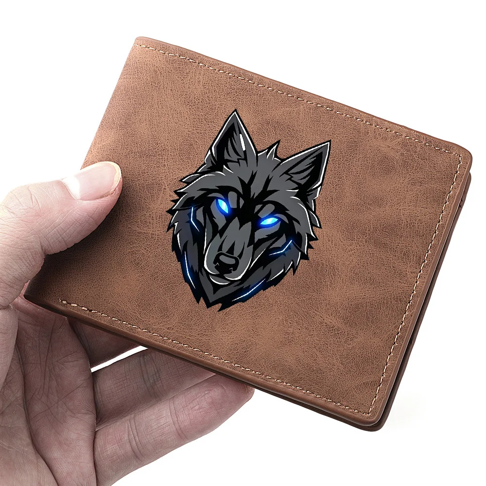Men's Retro Bifold Wallet Cool Blue Eyes Wolf Pattern Double-Fold PU Leather Fashion Wallet Coin Bag Simple And Stylish