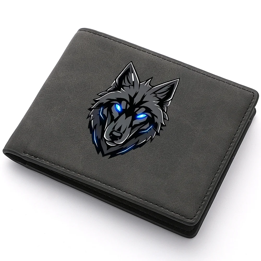 Men's Retro Bifold Wallet Cool Blue Eyes Wolf Pattern Double-Fold PU Leather Fashion Wallet Coin Bag Simple And Stylish