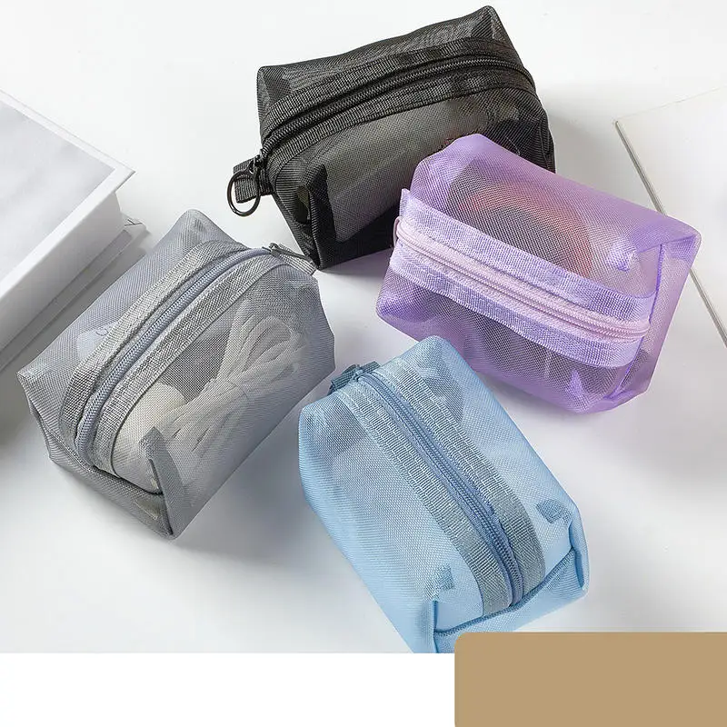 Mini Clear Nylon Mesh Cosmetic Bags Cute Women Small Lipstick Makeup Bags Pouch Data Line Key Earphone Organizer Case