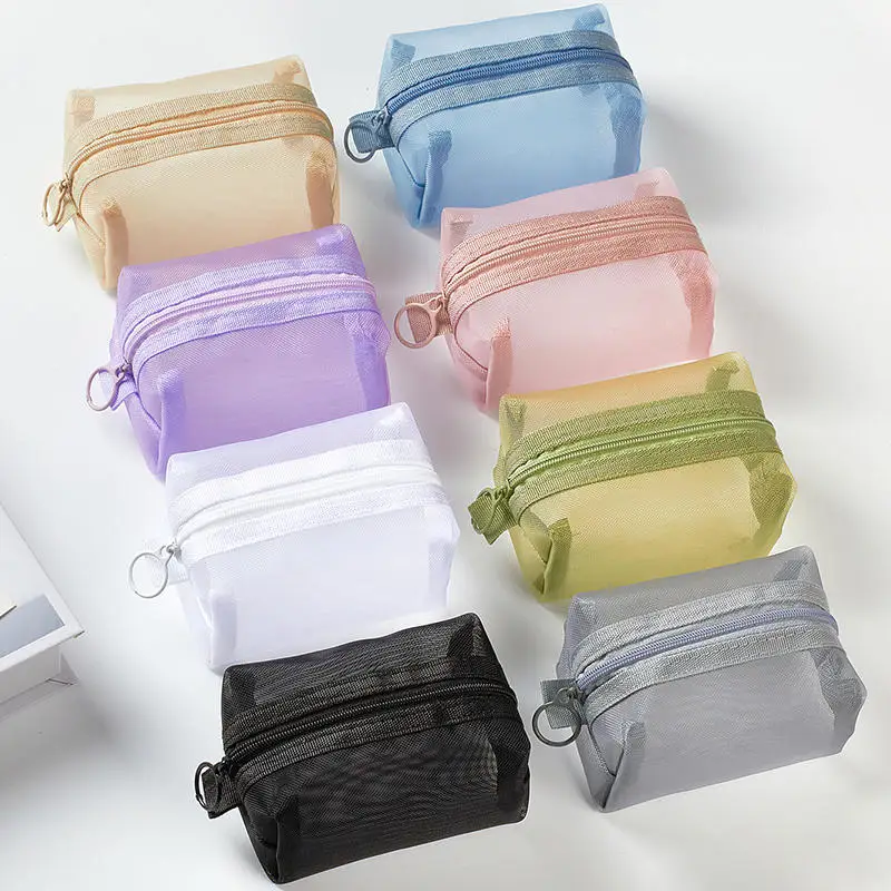 Mini Clear Nylon Mesh Cosmetic Bags Cute Women Small Lipstick Makeup Bags Pouch Data Line Key Earphone Organizer Case