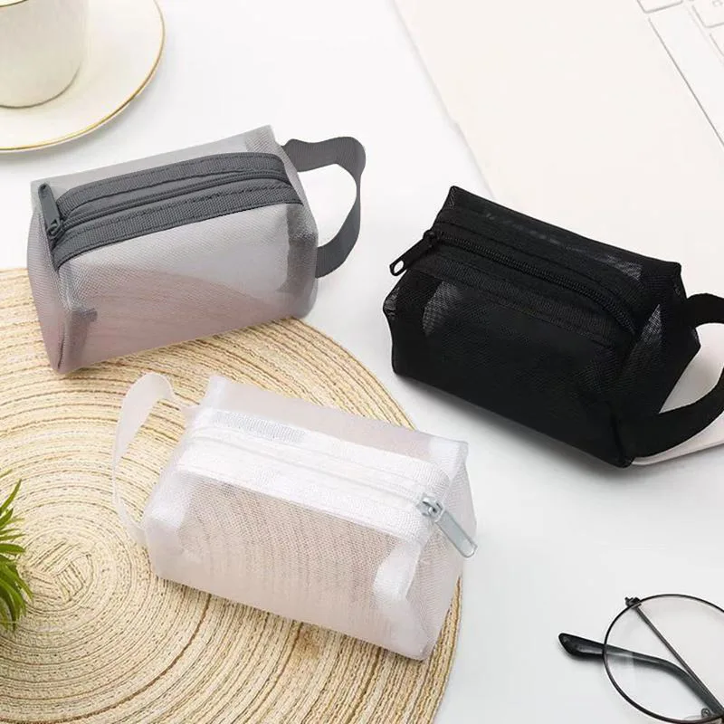 Mini Clear Nylon Mesh Cosmetic Bags Cute Women Small Lipstick Makeup Bags Pouch Data Line Key Earphone Organizer Case