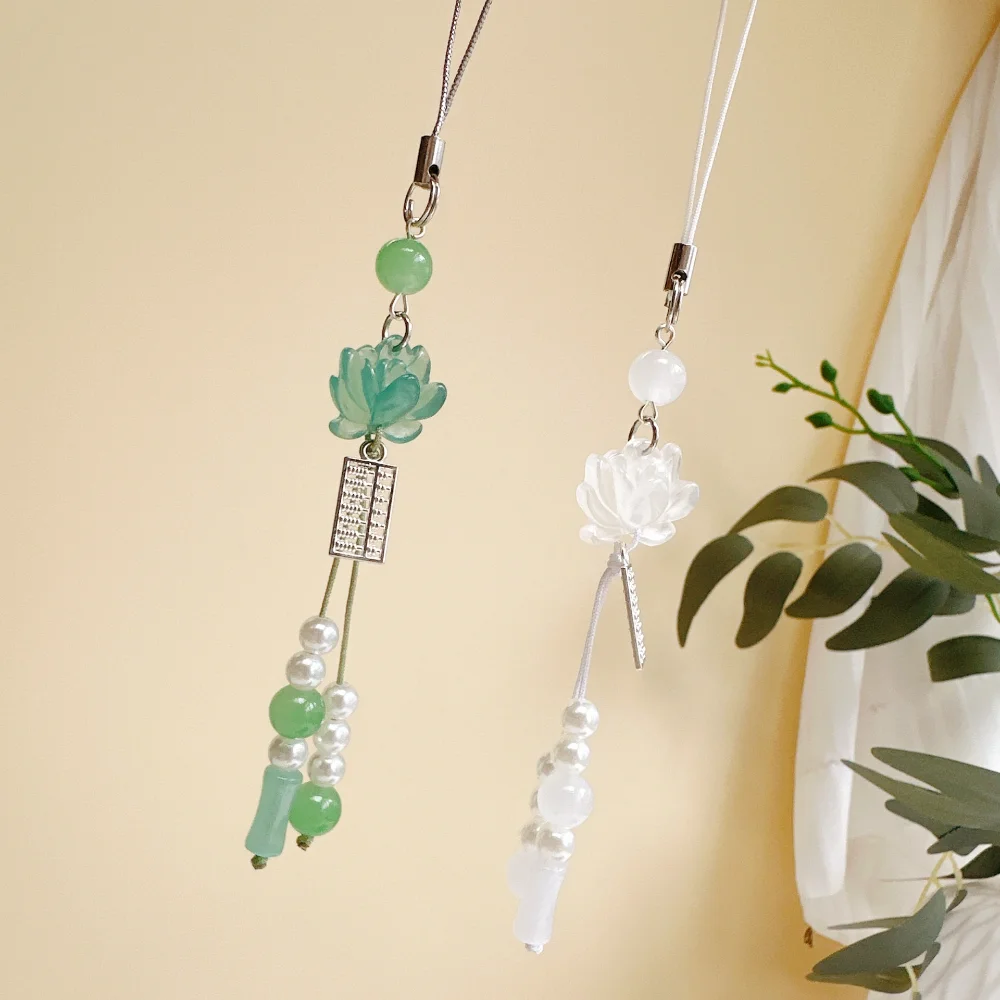New Chinese-Style Beaded Handmade Phone Chain Traditional Lotus Pendant Ancient Chinese Decorative Keychain Charms Decoration