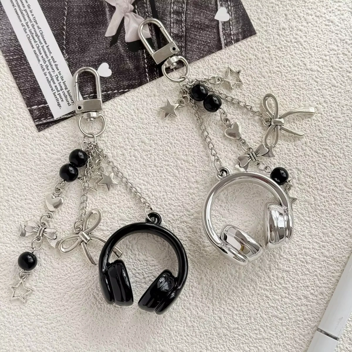 Y2k Gothic Headphone Keychain Silver Metal Star Bow Beaded Tassel Charm Trendy Aesthetic Bag Pendant For Teen Girls Best Friend