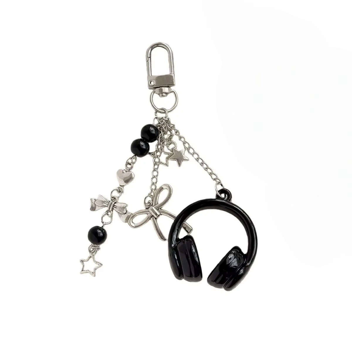 Y2k Gothic Headphone Keychain Silver Metal Star Bow Beaded Tassel Charm Trendy Aesthetic Bag Pendant For Teen Girls Best Friend