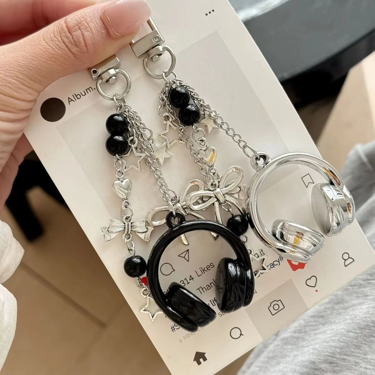 Y2k Gothic Headphone Keychain Silver Metal Star Bow Beaded Tassel Charm Trendy Aesthetic Bag Pendant For Teen Girls Best Friend