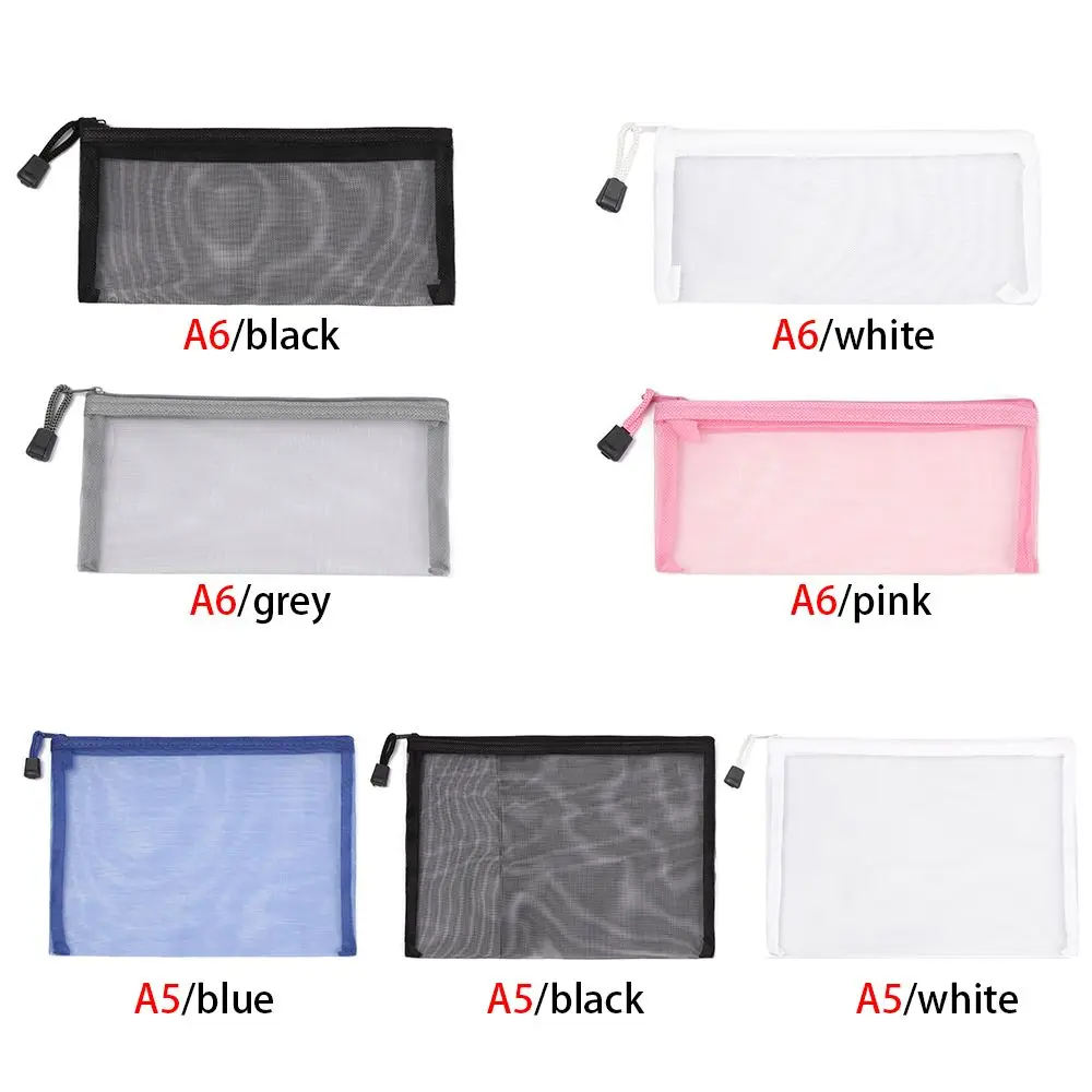 1pc Solid Color Nylon Stationery Makeup Coin Purse Cosmetic Cosmetic Storage Mesh Pen Bag Transparent Grid Zipper Pencil Case