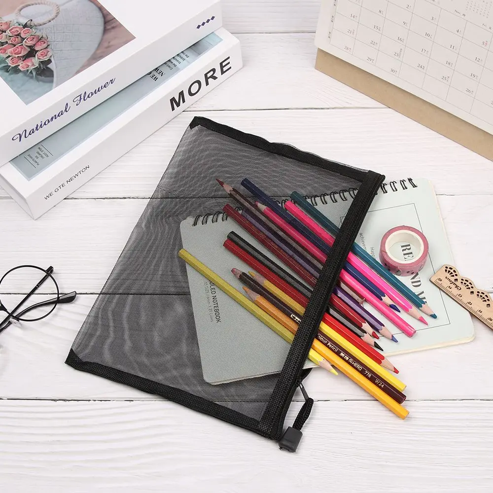 1pc Solid Color Nylon Stationery Makeup Coin Purse Cosmetic Cosmetic Storage Mesh Pen Bag Transparent Grid Zipper Pencil Case