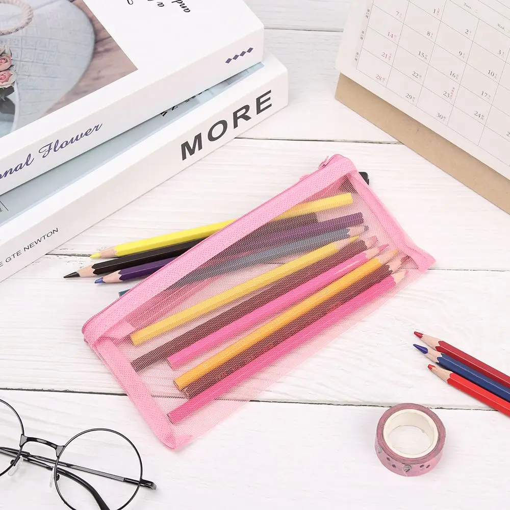1pc Solid Color Nylon Stationery Makeup Coin Purse Cosmetic Cosmetic Storage Mesh Pen Bag Transparent Grid Zipper Pencil Case