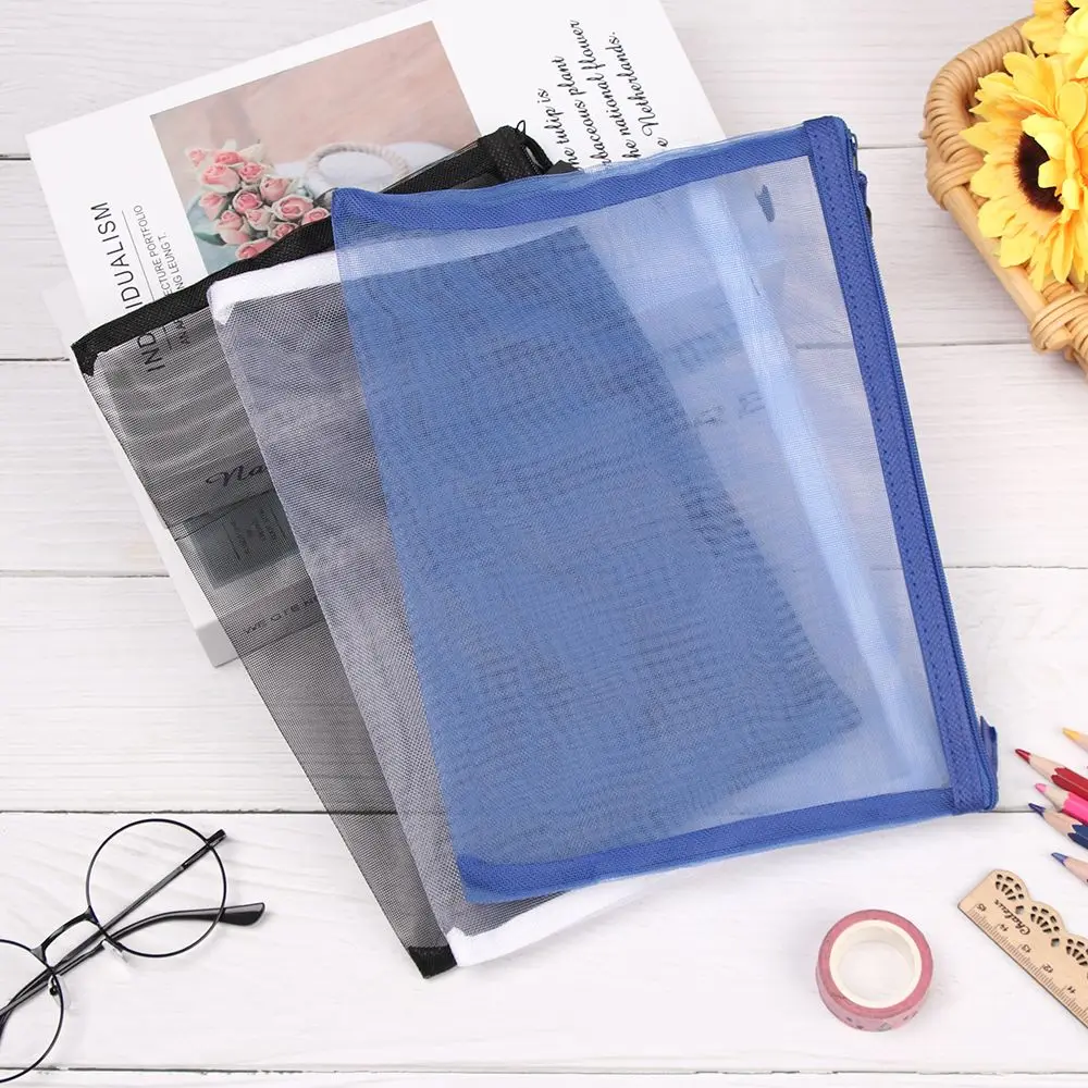 1pc Solid Color Nylon Stationery Makeup Coin Purse Cosmetic Cosmetic Storage Mesh Pen Bag Transparent Grid Zipper Pencil Case