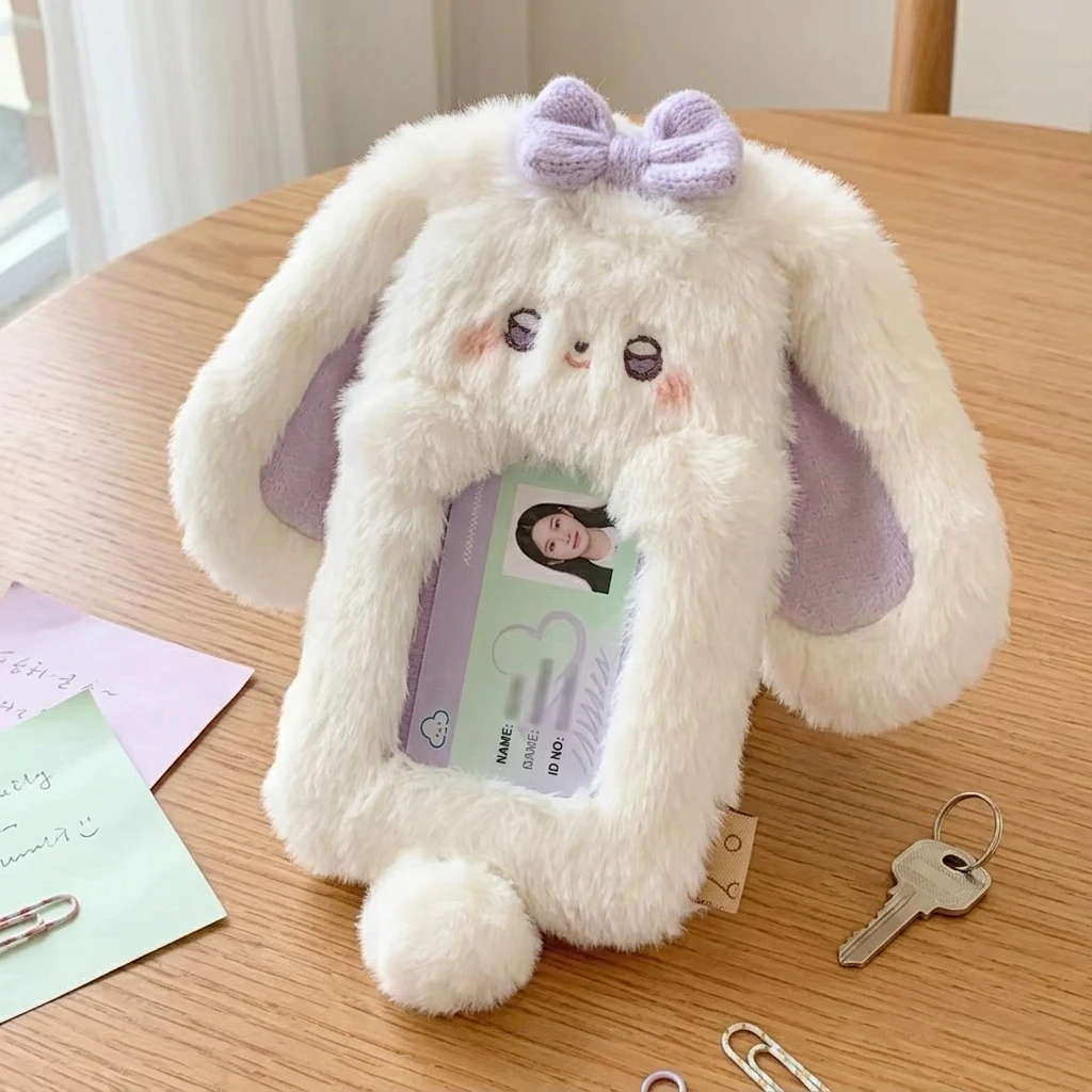 Cute Bunny Plush Photo Holder Student ID Card Holder Rabbit with Bowknot Design Photo Album Photo Protector Cover Gift for