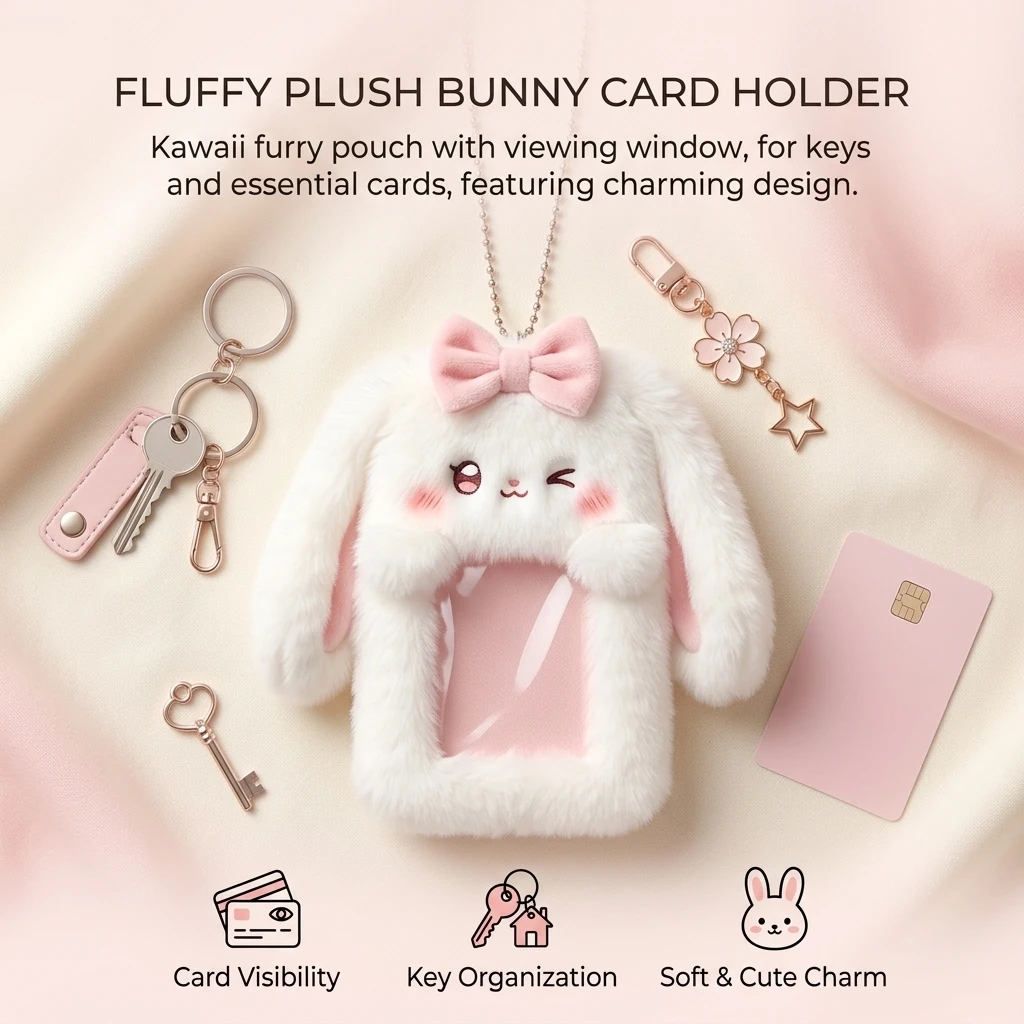 Cute Bunny Plush Photo Holder Student ID Card Holder Rabbit with Bowknot Design Photo Album Photo Protector Cover Gift for