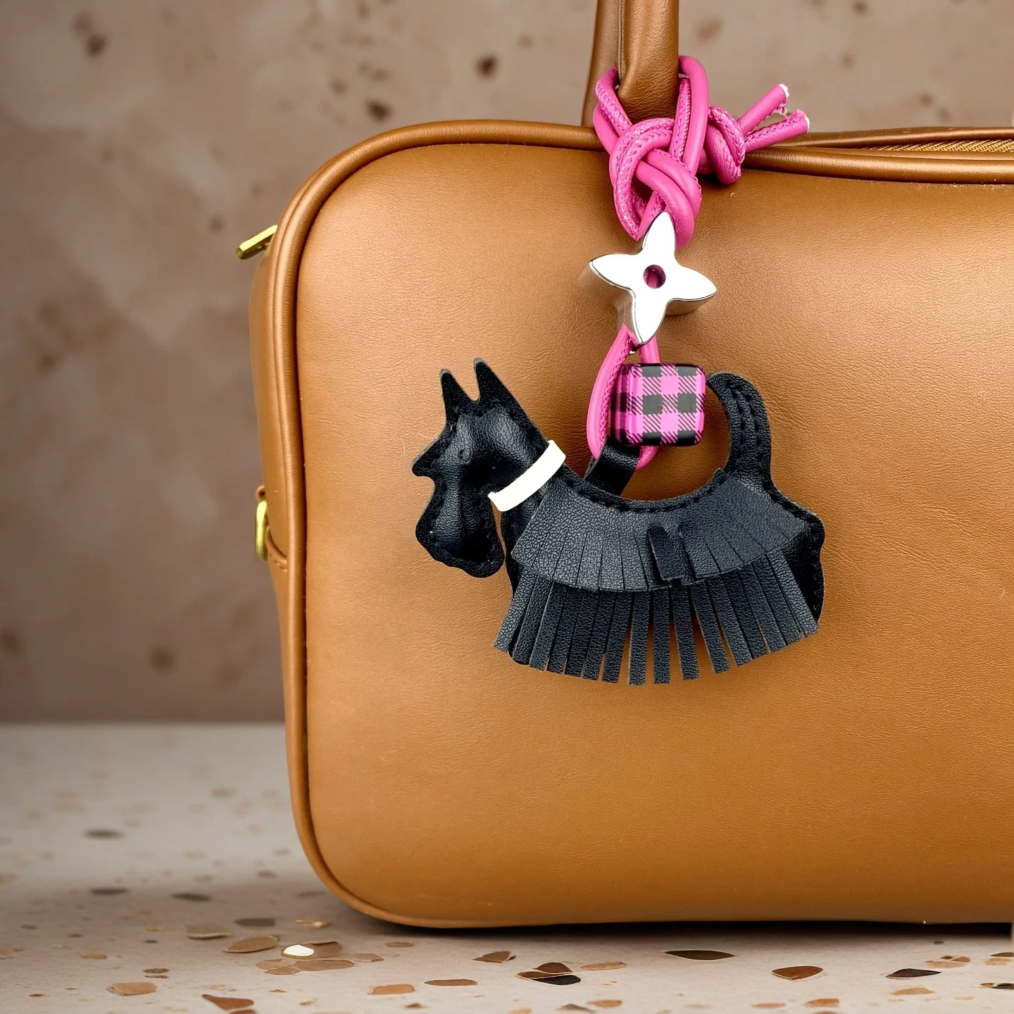 Trendy PU Leather Schnauzer Bag Charm with Tassel Fringe & Plaid Beads –Unique Car/Bag Accessory/Cute Ornament for Dog Lovers