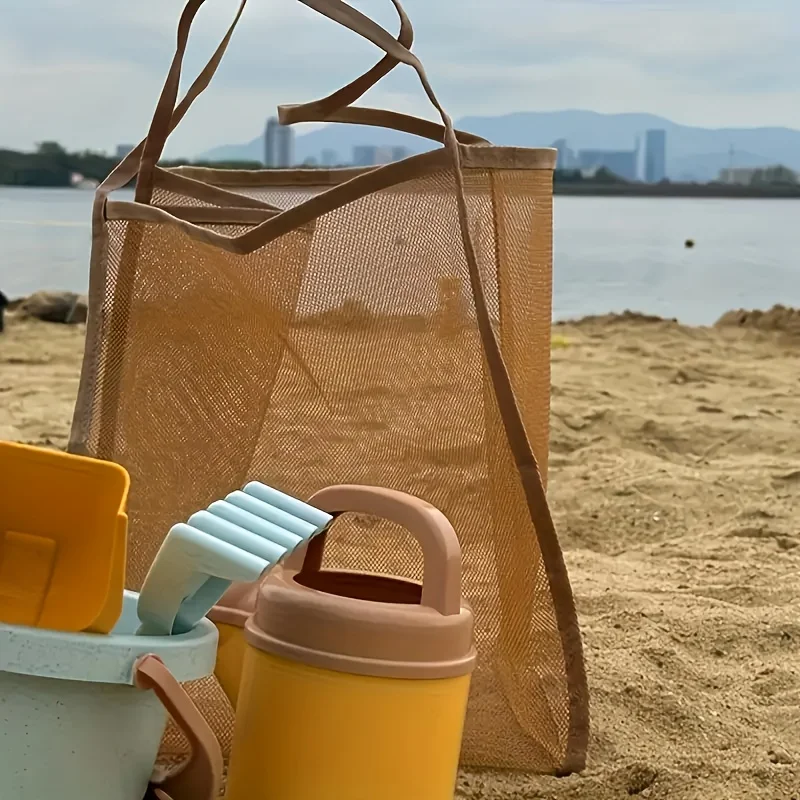 2 large-capacity mesh beach tote bags - durable polyester, solid color with sturdy handles, suitable for travel, beach, vacation, and camping, beach tote bag, multi-functional storage solution, sturdy handle design