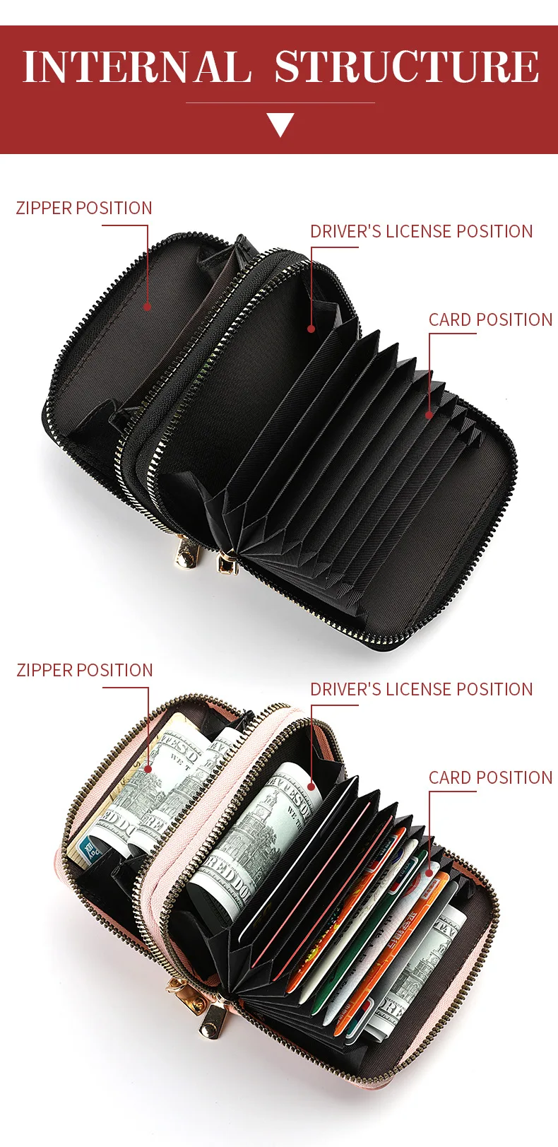 Women's Double Zipper Wallet Fashion Short Credit Card Holder with Large Capacity Coin Purse