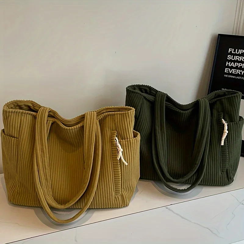Lightweight Large Capacity Corduroy Handbag with Zipper Closure Solid Color Casual Shoulder Bag for Daily Commuter