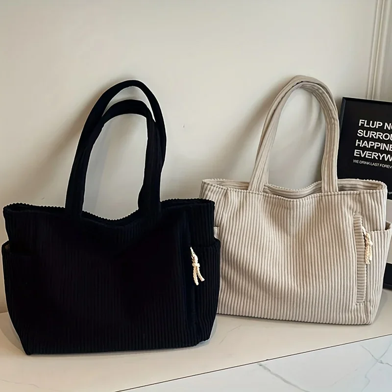 Lightweight Large Capacity Corduroy Handbag with Zipper Closure Solid Color Casual Shoulder Bag for Daily Commuter