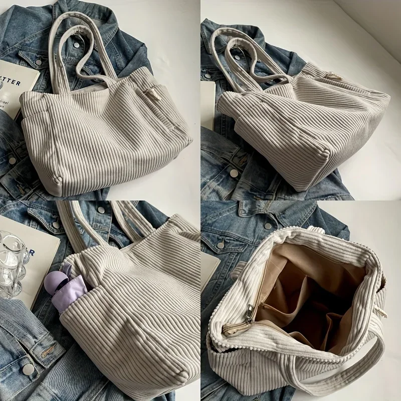 Lightweight Large Capacity Corduroy Handbag with Zipper Closure Solid Color Casual Shoulder Bag for Daily Commuter