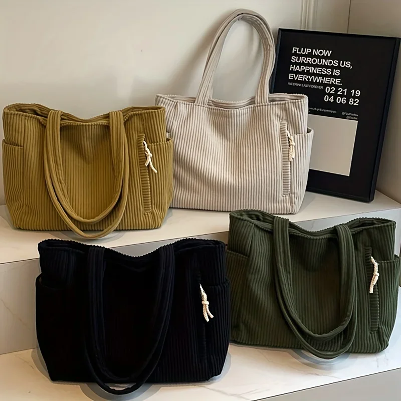 Lightweight Large Capacity Corduroy Handbag with Zipper Closure Solid Color Casual Shoulder Bag for Daily Commuter