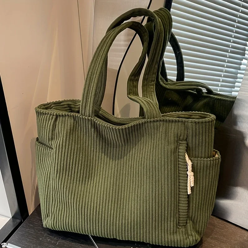 Lightweight Large Capacity Corduroy Handbag with Zipper Closure Solid Color Casual Shoulder Bag for Daily Commuter