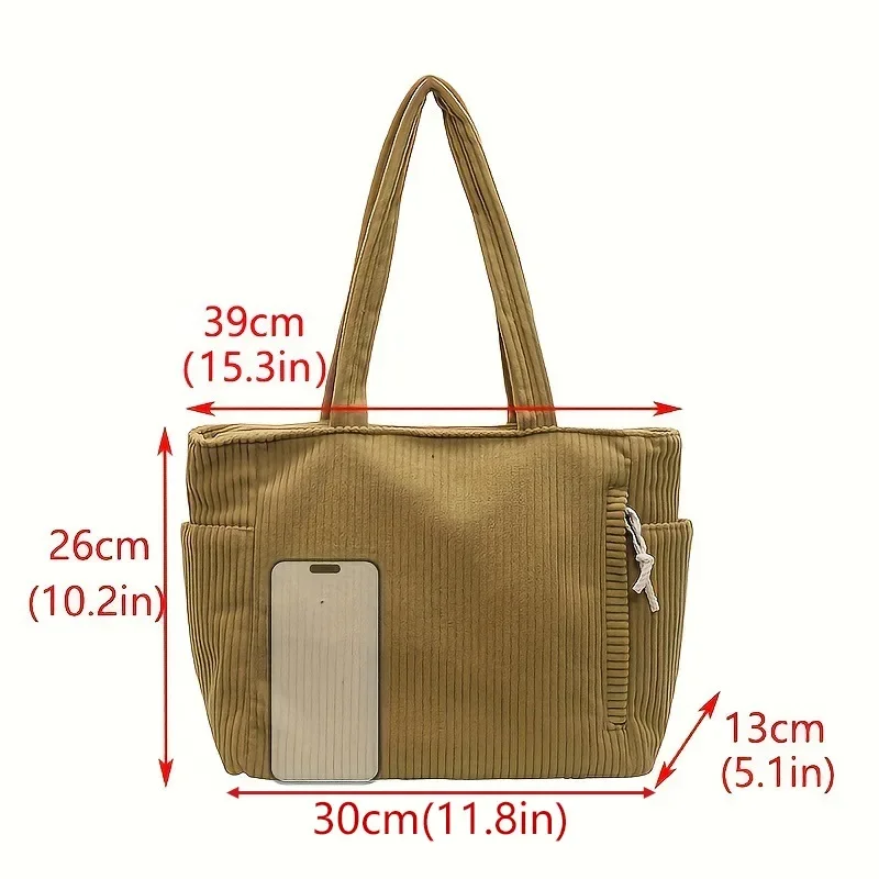 Lightweight Large Capacity Corduroy Handbag with Zipper Closure Solid Color Casual Shoulder Bag for Daily Commuter