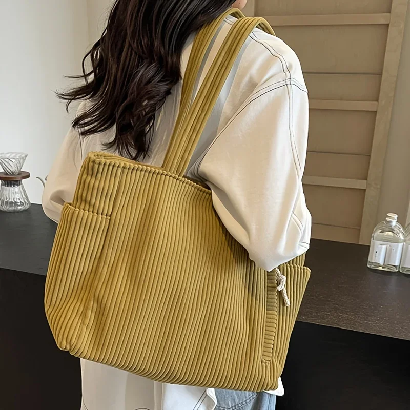 Lightweight Large Capacity Corduroy Handbag with Zipper Closure Solid Color Casual Shoulder Bag for Daily Commuter