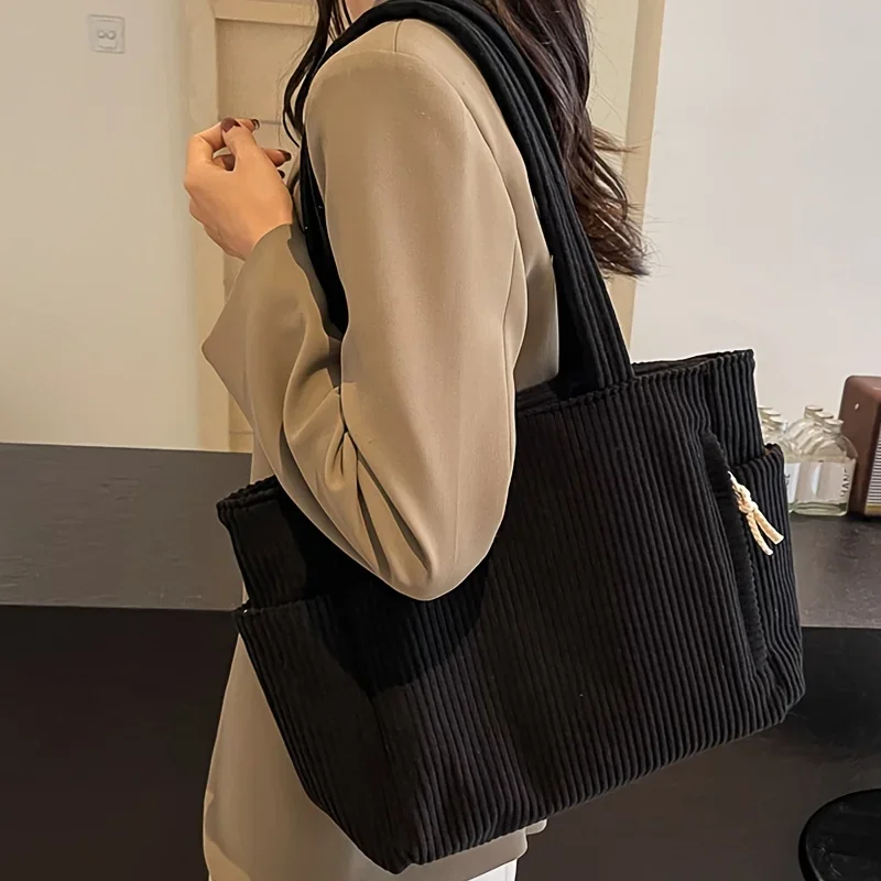 Lightweight Large Capacity Corduroy Handbag with Zipper Closure Solid Color Casual Shoulder Bag for Daily Commuter