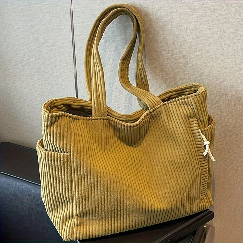 Lightweight Large Capacity Corduroy Handbag with Zipper Closure Solid Color Casual Shoulder Bag for Daily Commuter
