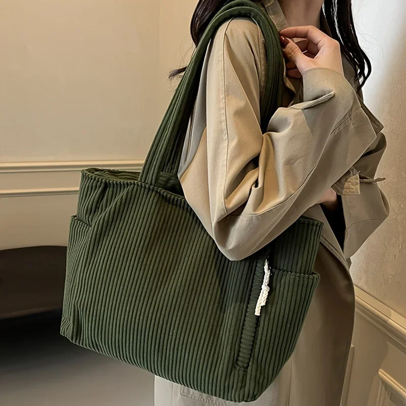 Lightweight Large Capacity Corduroy Handbag with Zipper Closure Solid Color Casual Shoulder Bag for Daily Commuter