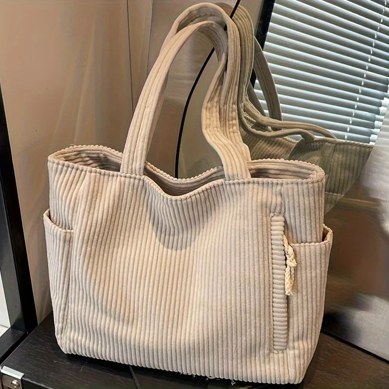 Lightweight Large Capacity Corduroy Handbag with Zipper Closure Solid Color Casual Shoulder Bag for Daily Commuter