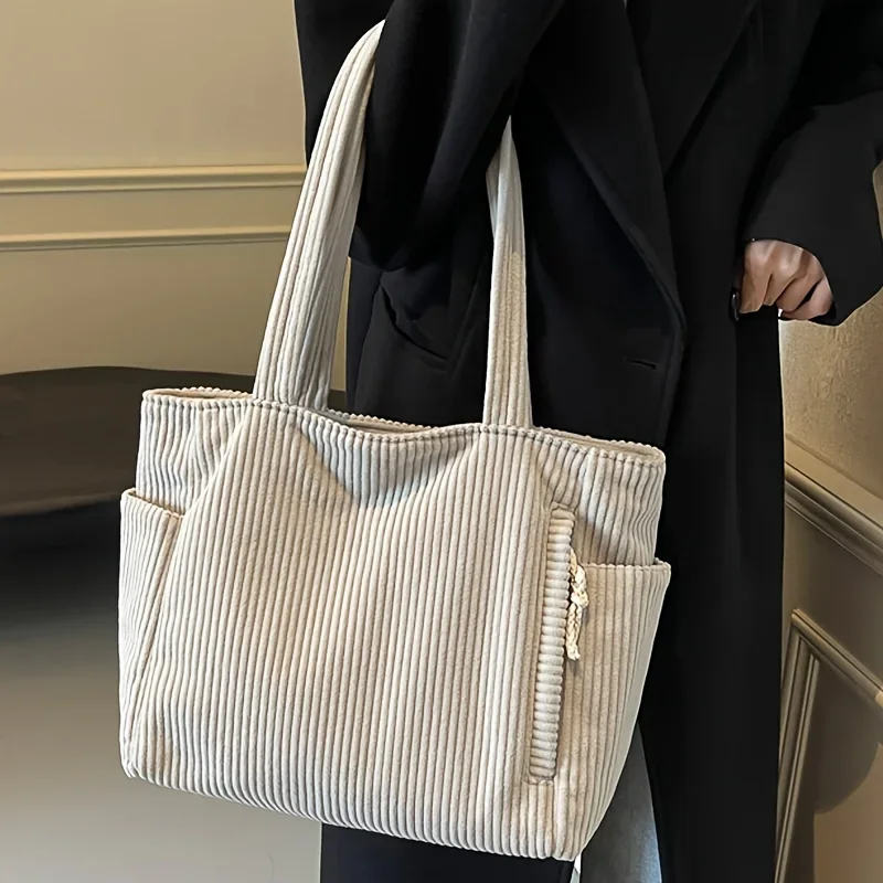 Lightweight Large Capacity Corduroy Handbag with Zipper Closure Solid Color Casual Shoulder Bag for Daily Commuter