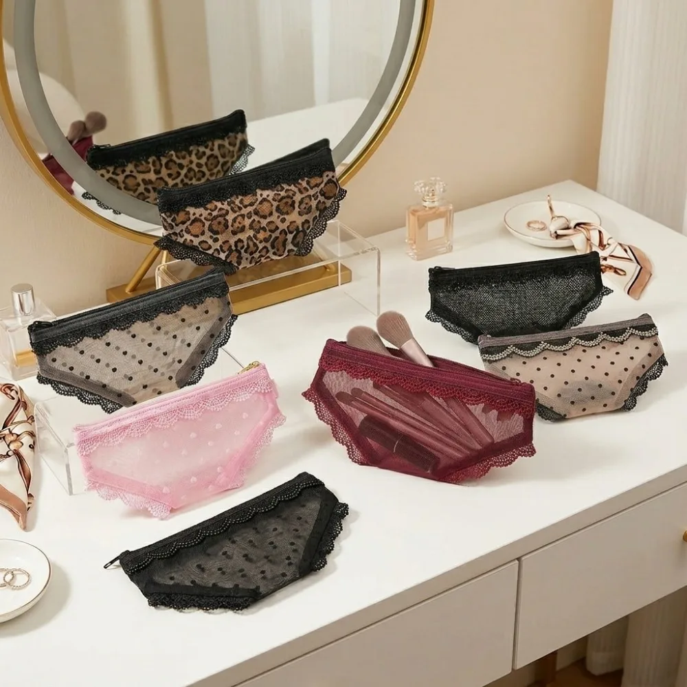 New Briefs Shape Cosmetic Bag Mesh Lace Heart Makeup Storage Pouch Y2K Transparent Toiletry Bag Storage for Travel